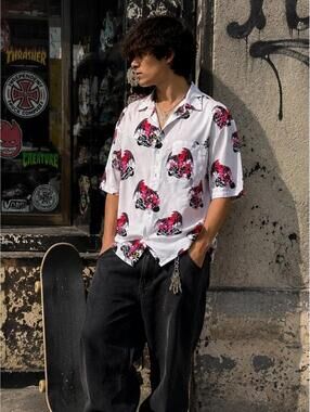 Lost Demon Motorcycle Y2K Viscose Button Up Shirt Large Skater Grunge Novelty